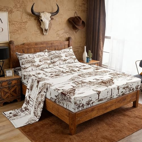Western Cowboy Sheet Set King Size Brown Sketch Desert Wild Horse Bedding Set 4Pcs for Kids Boys Men Girls Bedroom Decor Rustic Farmhouse Bed Sheet Animals Fitted + Flat Sheet,2 Pillowcase