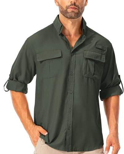 Camicia da uomo Safari UPF50+, protezione UV, da trekking, da uomo, a maniche lunghe, funzionale, traspirante, ad asciugatura rapida, casual, con bottoni, Verde militare, XL