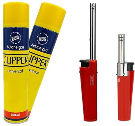2X Clipper Gas 300ml Canister with Tube Lighters, Long & Mini Clipper BBQ Lighter for Candle, Camping, Gas Stove, Kitchen, Cooking | by POUNDXPENCE Co®