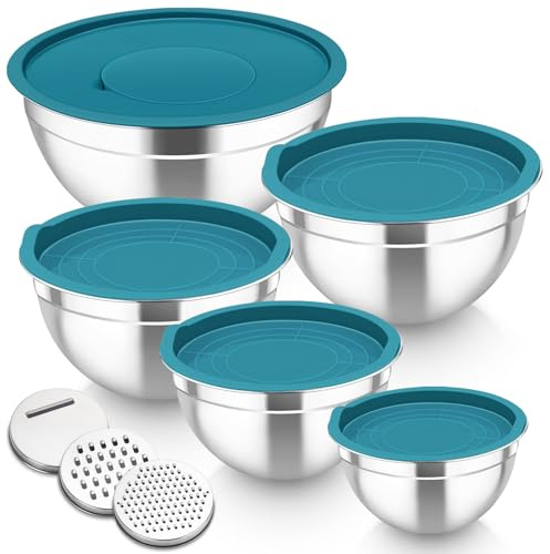 Homikit Mixing Bowls Set of 5, Stainless Steel Salad Bowls with Airtight Lids & 3 Grates, Metal Nesting Bowls for Mixing/Baking/Serving/Storing, Easy Clean - 0.7/1/1.5/2.6/4.6L (Dark Blue)
