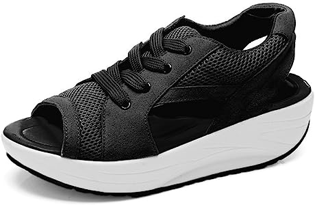 Peeptoe Sandals with Metal Buckle 35-44 Large Size: Women's Wedge Heel Sandals Lightweight Leather Sandals Leisure Sandals Plain Beach Sandals Breathable Slippers Adjustable, black, 6 UK