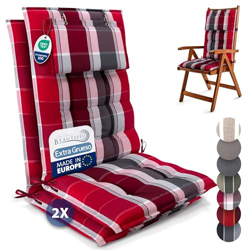 Beautissu 2er Set Premium Hochlehner Auflage Kopfpolster rutschfest robust | 120x50cm 8cm dick Polster Rot Anthrazit gestreift Gartenstuhlauflage Befestigungsbänder UV-Lichtechtheit 5 Stoff Sun-HL