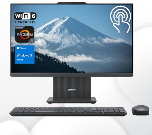 Lenovo IdeaCentre 27 pollici all-in-one, touch screen FHD 100Hz, AMD Ryzen 5 7535HS, 16 GB DDR5 RAM, 512 GB SSD, KB wireless e mouse, base di ricarica wireless, RJ-45, Wi-Fi 6, fotocamera