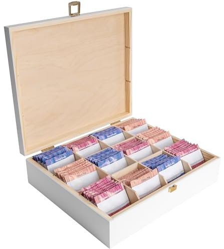 Creative Deco Scatola Porta Tè e Tisane in Legno Bianco per Natale, Porta Oggetti 12 Scomparti | 29x25x7.5cm +/-0.5cm | Portagioie, Te | Coperchio, Serratura, Divisori Rimovibili | Regalo Decoupage