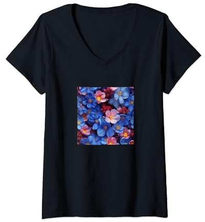 Womens Bergenia Flower Pattern Graphic V-Neck T-Shirt