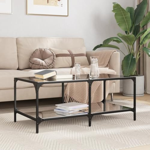 Baziroo Couchtisch mit Glasplatte 98,5x50x40 cm Wohnzimmertisch Zimmertisch Wartebereich Tisch Wohnzimmermöbel Telefontisch Kaffeetisch Satztisch Holzwerkstoffe und Stahl und Glas Schwarzes Glas