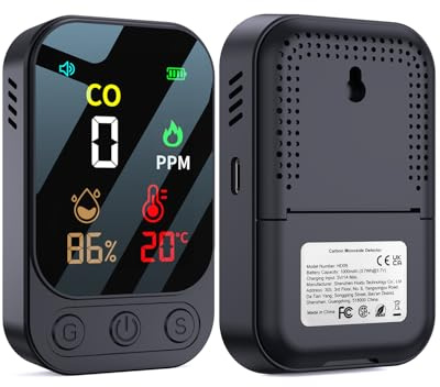 YEREADW 3-in-1 Portable Carbon Monoxide Detector, Rechargeable Carbon Monoxide Detector with Temperature Humidity Display, Portable for Home, Caravan, Camping (Black)