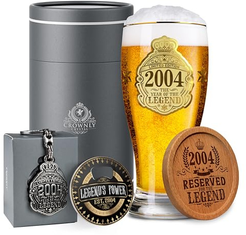 CROWNLY CRYSTAL® 2004 21st Birthday Personalised Beer Glass 570 ml 1 Pint Gifts for Men Birthday Decorations for Him Gift Ideas for Boyfriend or Brother 21st