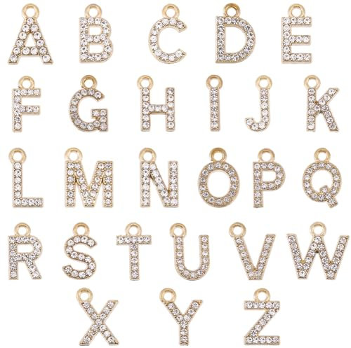 SUNNYCLUE 1 Box 26 Stück Diamant Buchstabenanhänger Goldener Strass Buchstabenanhänger Goldene Legierung Glitzer ABC Alphabet Zirkonia Gemischte AZ Buchstabenanhänger Zur Schmuckherstellung Charms Bas