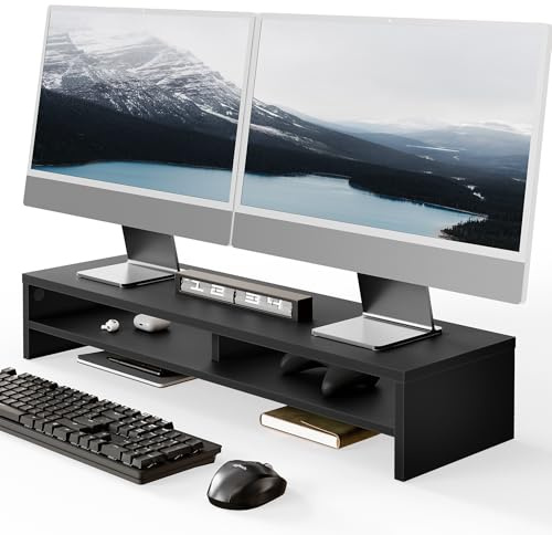 Fenge Monitorstativ, höjbart, 2 nivåer, trä skrivbordsorganisatör för PC/Laptop/Skrivare/TV 80x23,5x14,2 cm Max belastning 25KG Brun (Svart)