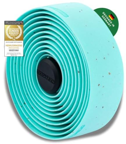 CONTEC Lenkerband Prestige.Cork, 2000x30x2,5 mm, aus Kork-EVA-Schaum, selbstklebend und rutschsicher, mit Klebestreifen und 2 Lenkerstopfen, Paar, türkis