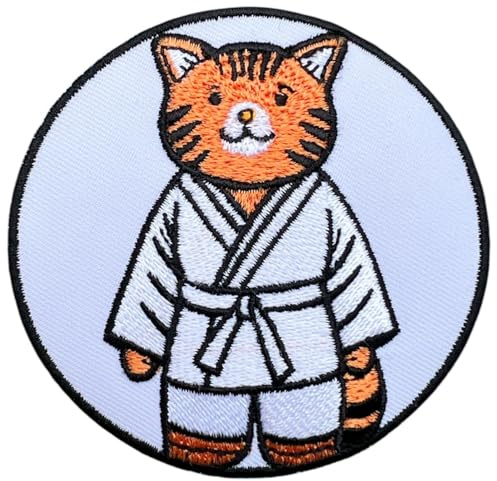 Karate-Katzen-Aufnäher (7,6 cm), bestickt, zum Aufbügeln oder Aufnähen, niedliches Kätzchen, Kampfsport, weißer Gürtel, Kinder-Geschenkflicken