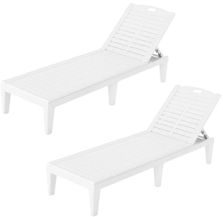 GIANTEX Juego de 2 Tumbonas de Exterior, Sillas Reclinables de Plástico con Respaldo Ajustable en 5 Posiciones, Carga hasta 160 kg, Tumbonas Impermeables para Jardín, Patio, Playa, Piscina (Blanco)