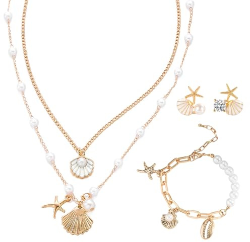 Byfoyif 2PCS Collar Conchas Mujer, Collar Conchas Playa de Largo de 55cm y 60cm con Colgante de Concha para Playa, Inclye Pulsera y 2 Pendientes con Estilo Bohemio para Mujer Niña