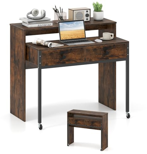 COSTWAY Schreibtisch ausziehbar, Kleiner Computertisch mit 2 Schubladen & Rollen, Bürotisch mit Metallrahmen, Arbeitstisch, PC-Tisch für Zuhause, Büro, 100 x 63 x 88 cm (Braun)