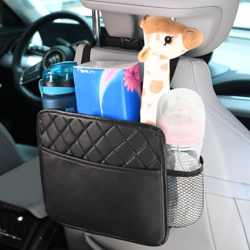 Adiwo Hanging Car Storage Bag, Waterproof Leather Back Seat Organizer, Multifunctional Travel Car Seat Back Bag with Cup Holders, Foldable, Easy to Clean, for Phones, Toys, Snacks,Documents,Premium