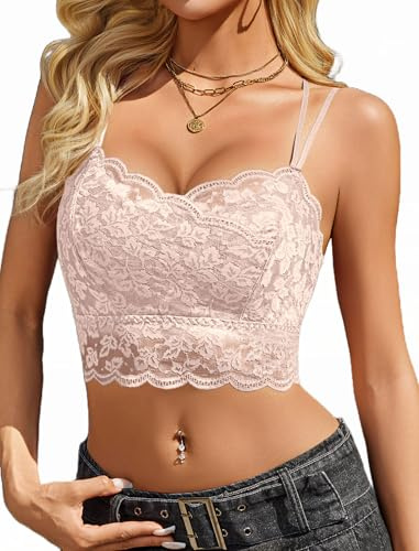 Avidlove dam undertröja spets bustier sexig crop top spagettiremmar bralette camisole V-ringad ärmlös topp festival party, champagne, S