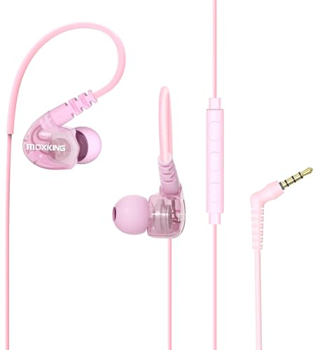 MOXKING Kabelgebundene In-Ear-Kopfhörer, wasserdicht mit Mikrofon Rosa | Sport-Ohrhörer mit kräftigem Bass, ideal für Laufen und Training im Fitnessstudio