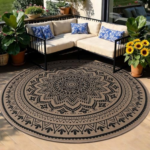 Homcomodar Teppich Rund 160cm Jute Aussehen Teppich Wohnzimmer Outdoor Teppich Waschbarer Boho Teppich Braun für Schlafzimmer Balkon Terrasse