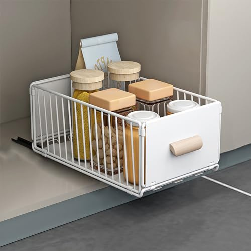 Kongming Ausziehbare Schublade Küche 24x40x18cm Metall Schubladenauszug | Küchenschrank Organizer Weiß ausziehbarer Schrankorganizer für Vorräte Gewürze Konserven pulverbeschichtet rostbeständig