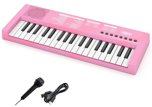 KOMFOTTEU Piano Numérique 37 Touches, 8 Rythmes, 8 Sonorités et 22 Démos, Clavier Électroniques pour Enfant de 3 Ans+, Piano Électronique en ABS avec Microphone (Rose)