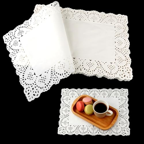 150 Blatt Weißes Spitzenpapier 25 x 35 cm,Faltbare Servietten aus Spitzenpapier für Kuchen,Desserts,Hochzeit und Partydekoration, Dekorative Tischsets,Verpackung und Lebensmittelverpackung