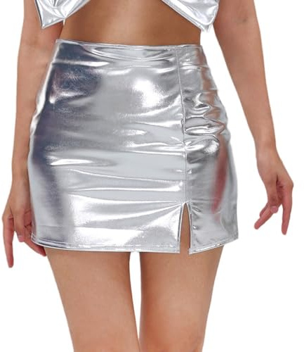 Tobysper Falda corta metálica para mujer, disfraz con purpurina, minifalda sexy, falda lápiz brillante, carnaval, discoteca, programa de escenario, plata, L