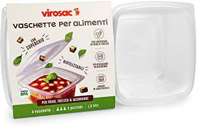 VIROSAC 112759 Vaschette Microonde e Freezer, Plastica, Trasparente, 18x35x10 cm, 4 unità