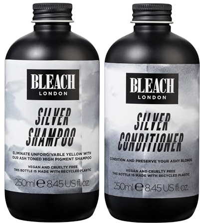 Bleach London Silver Toning Shampoo and Conditioner, Ashy Purple Colour Correcting Set for Light Bleached Blonde Hair, Cleanses, Nourishes and Removes Brassy Yellow Tones 2 x 250ml