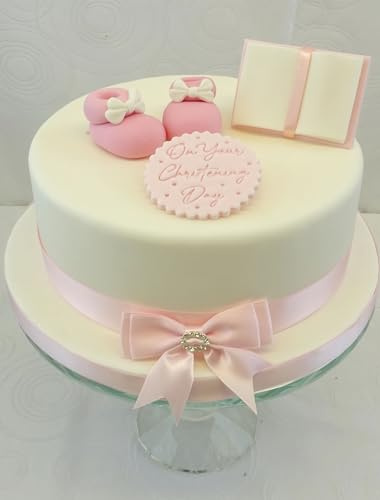 Christening Cake - Pink Baby Booties, On Your Christening Plaque, Open Bible with Pink Ribbon, Ribbon & Bow Cake Topper Set