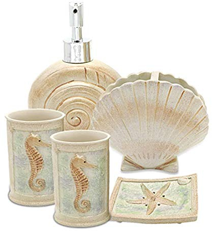 HotSan bathroom accessory Lot de 5 Coquillages de Plage Comprenant Un Distributeur de Savon, Un Porte-Savon, Un gobelet, Un Porte-Brosse à Dents – Ensemble de polyrésine Ivoire pour Homme, Femme,