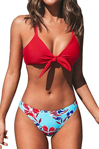 CUPSHE Bikiniset för kvinnor knut triangel bikini baddräkt låg midja badkläder tvådelad baddräkt, Röd / blå, XXL