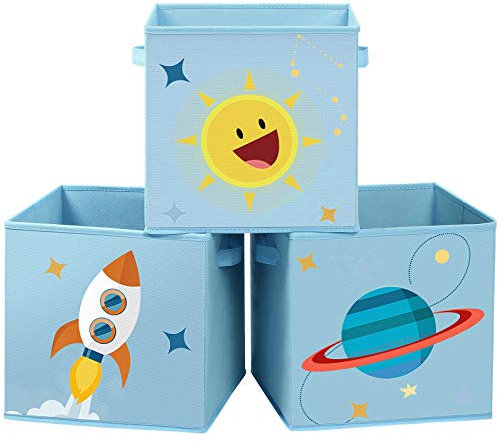 SONGMICS Statole Portaoggetti, Set di 3 Organizzatori per Giochi, Contenitori Pieghevoli con Maniglie, per Camerette Stanza dei Giochi, 30 x 30 x 30 cm, a Tema Spazio, Azzurro RFB001B03