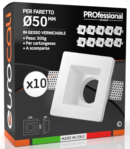 10x Portafaretti in Gesso da Incasso Controsoffitti Quadrato 120x50mm per Faretti diam. 50mm GU10 GU5.3 colore bianco portalampada GU10 inclusi - Eurocali