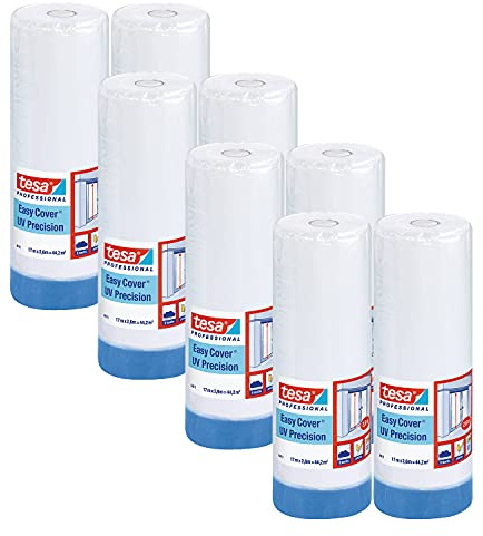 tesa Easy Cover 4411 UV Präzision - 8er Pack - Malerfolie mit Malerkrepp zum Abkleben und Abdecken - 2-in-1 Malerband mit Folie - weiß-transparent - je 17 m x 2,6 m
