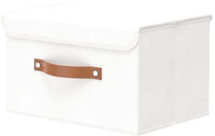 OUTBROS Collapsible Storage Box with Lid, Linen Fabric Clothing Shelf Basket Bins Box For Towels, Clothes 33x23x20 cm (White, 1-Pack)