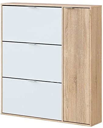 Mobelcenter, Mueble Zapatero Class 4 Puertas, Color Blanco y Roble Canadian, Capacidad hasta 30 Pares de Zapatos, Medidas: Ancho: 106 cm x Fondo: 22 cm x Alto: 115 cm, (1267)