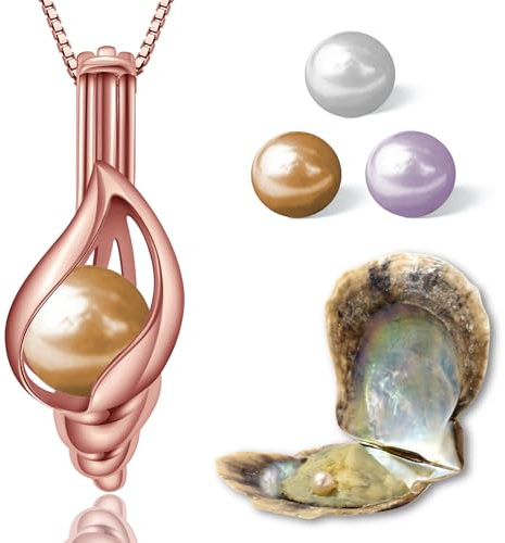 Wunschperlen Perlenkette Damen Schmuck Set - Muschelkette Rosegold und Muschel mit Perle - 925 Silber-Kette Damen mit Anhänger und Echte Perle in Muschel - Schmuckset Rosegold Geschenk für Sie