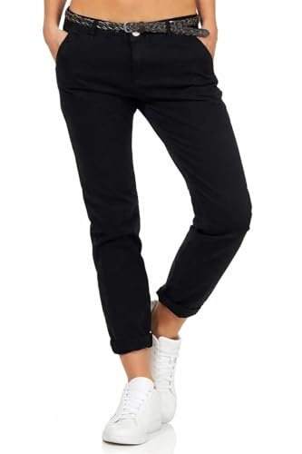 Sublevel Damen Boyfriend Chino Hose LSL-247/LSL-393 Stoffhose inkl. Gürtel Black XS