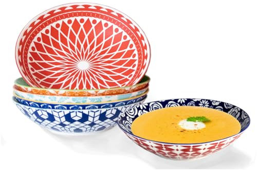 Annovero Pasta Bowls - Bowl Plates for Serving Soup, Salad, Dinner - Decorative Colorful Porcelain for Kitchen - Microwave, Dishwasher, Oven Safe - Zero Lead & Cadmium - 42 Oz - Set of 6