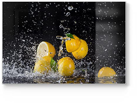 DEQORI Schneidebrett aus Glas | groß 30x20 cm | Motiv Zitronen und Wasserperlen | Design Schneideplatte für Küche | Frühstücksbrett antibakteriell & rutschfest | Glasplatte & Servierplatte
