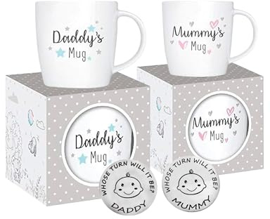 Set mit 2 Tassen für Mütter und Väter, Geschenke für Mütter, Geschenke für neue Mütter, Tasse für neue Väter, Mama-Geschenke, Weihnachten, inkl. Entscheidungsmünze für Eltern (Mumie und Papa)