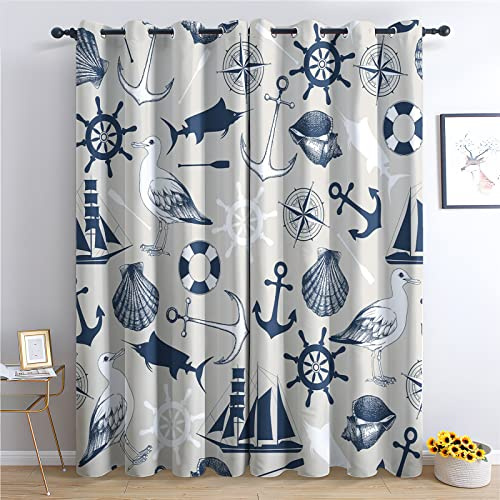 THYUNQ Maritime Vorhänge, Vorhang Blickdicht Verdunklungsvorhänge mit Ösen - Gardinen Wohnzimmer Schlafzimmer Fenster mit Muster, 2er Set Curtains, H 220 x B 140 cm