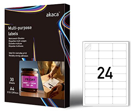 akaca Universal-Etiketten, 720 Blatt 63mm x 35mm Selbstklebendes bedruckbares mattes Blankopapier Haftetiketten, Aufkleber, Weiß, für Laser- und Tintenstrahldrucker(24 pro Blatt | 30 Blatt)