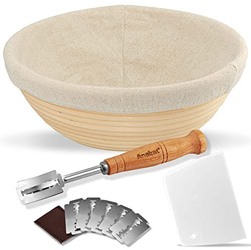 Anaeat 23 cm / 9 inch Bread Banneton Proofing Basket Set - 100% Natural Rattan Round Sourdough Proofing Basket with Bread Lame, Dough Scraper and Linen Liner Cloth for Professional & Home Bakers