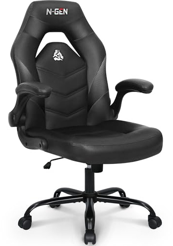 N-GEN Video Gaming Chair Ergonomic Computer Desk Office Chair with Lumbar Support Adjustable Height Swivel Wheels Flip-Up Arms PU Leather Home and Office (Black)