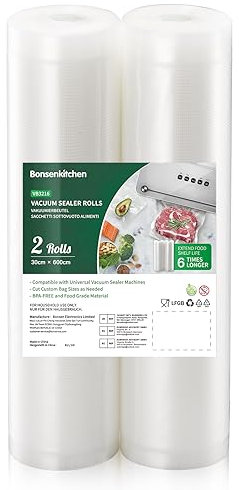 Bonsenkitchen Sacchetti Sottovuoto per Alimenti, 2 rotoli 30 x 600 cm Sacchetti Sottovuoto, per Macchine Sottovuoto e Cottura Sous Vide, Senza BPA, VB3216