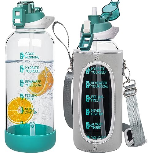 Seekua 1.5 liter Sport Trinkflasche Glas Flasche mit Strohhalm & Zeitmarkierung auslaufsicher bpa frei 1.5l Große Wasserflasche Motivation mit Schutzhülle für Smoothie, Früchte Kohlensäure geeignet
