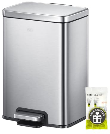 EKO Madison 12L / 3.2 Gal Bathroom Trash Can with Lid and Removable Inner Basket, Rectangular Small Step Trash Can, Brushed Stainless Steel
