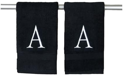 Decorvo Black Monogrammed Hand Towels for Bathroom- Black and White Luxury Hotel Quality Personalized Initial Decorative Embroidered for Powder Room, Spa-GOTS Organic Certified - Pack of 2, Letter A